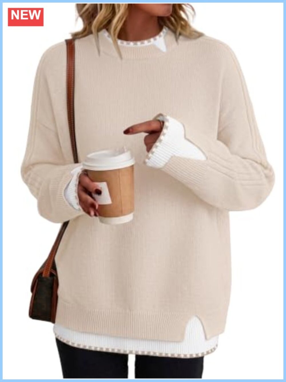 Womens Ribbed Knit Crew Neck Pullover Sweater Oversized 2-in-1 Layered
